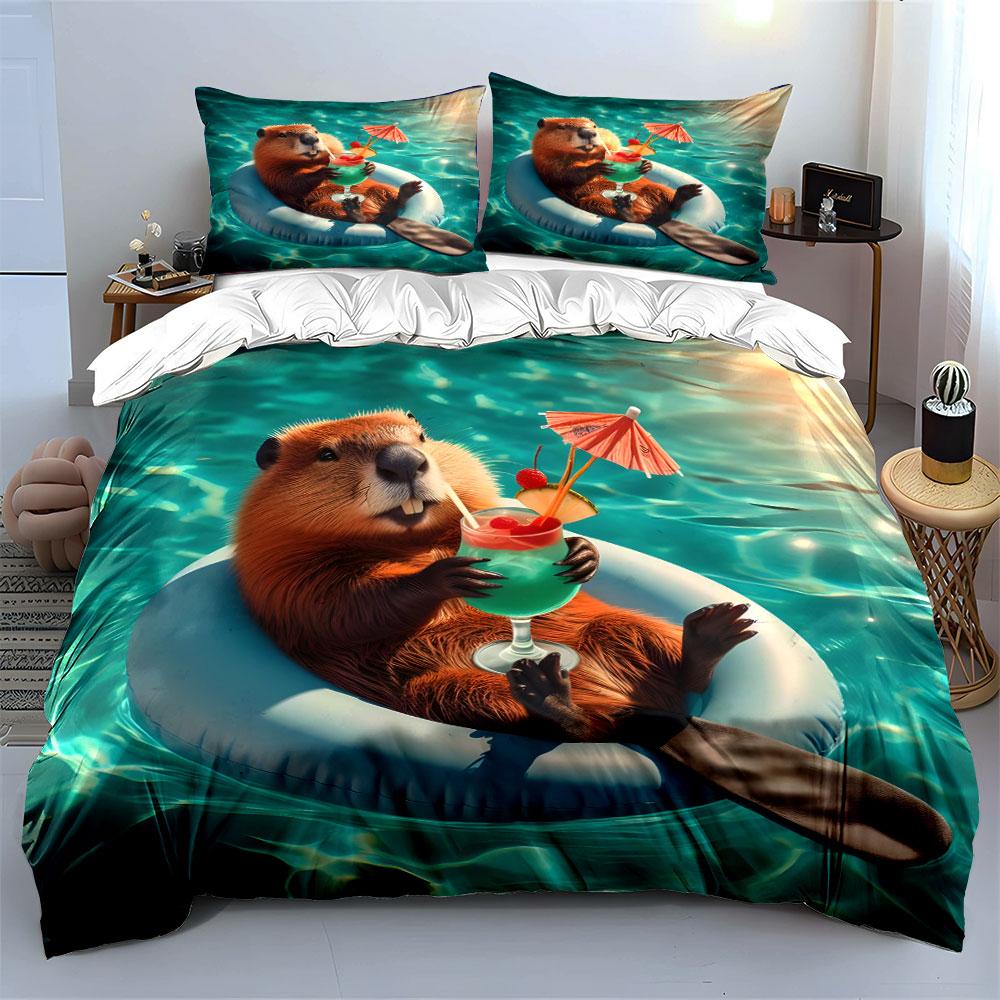 Beaver Relaxing In Pool Bedding Duvet Cover Set  (1*Duvet Cover 2*Pillowcases, Without Duvet Insert)