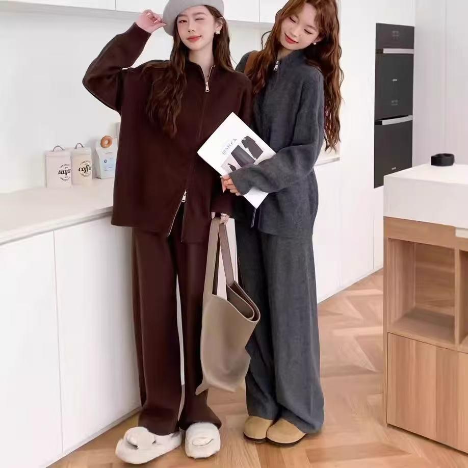 Women's Casual Knit Cardigan & Wide-Leg Pants Two-Piece Set - Autumn/Winter Collection
