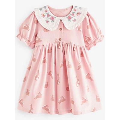 Girls' Pink Lapel Dress Baby Short-Sleeved Pure Cotton Babydoll Shirt Kidsren's Summer Dress Kidsren's Embroidered Princess Dress