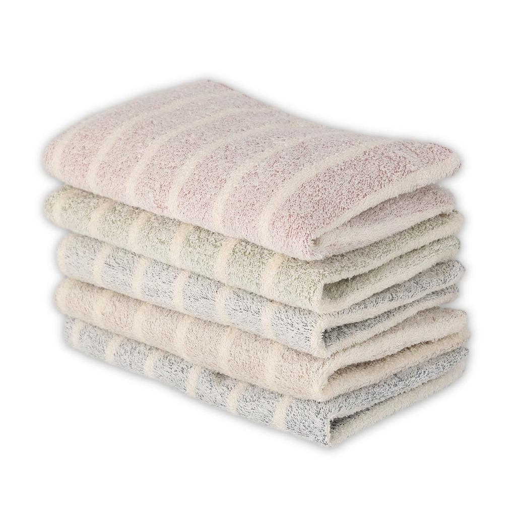 Tsubame Towel, established in 1912, Senshu Towel, Made in Japan. Face Towel 5-Piece Set. Kasumi (ikat) pattern, quick-drying, striped design, organic