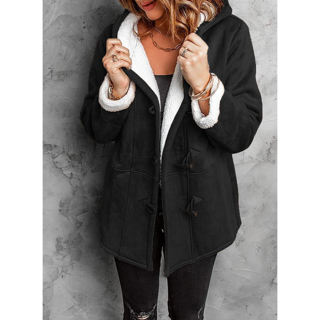 Winter Women's Mid-Length Shearling Coat, Detachable Faux Fur Collar Jacket With Pockets, Simple Pure Color Casual Buttoned Cardigan For Daily Wear