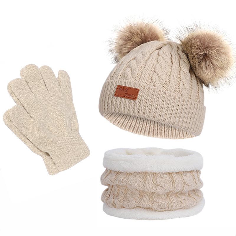 Cappello lavorato a maglia in lana per bambini autunno e inverno, set caldo per bambini, sciarpa, guanti, set da tre pezzi con velluto