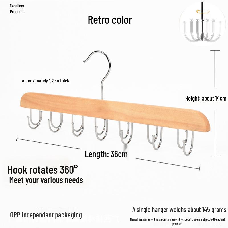Solid Wood Multifunctional Hanger: 8 Hooks for Camisoles, Bras, Ties, Bags & Drying