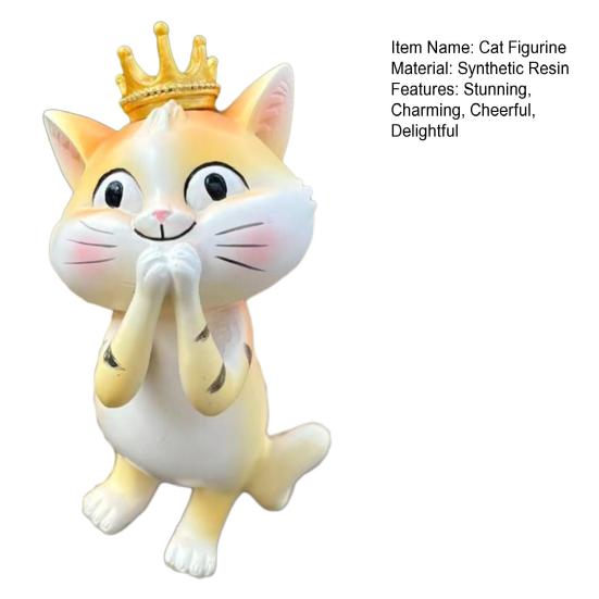 Cat Figurine Small Resin Cat Statue with Crown Cartoon Desktop Ornament