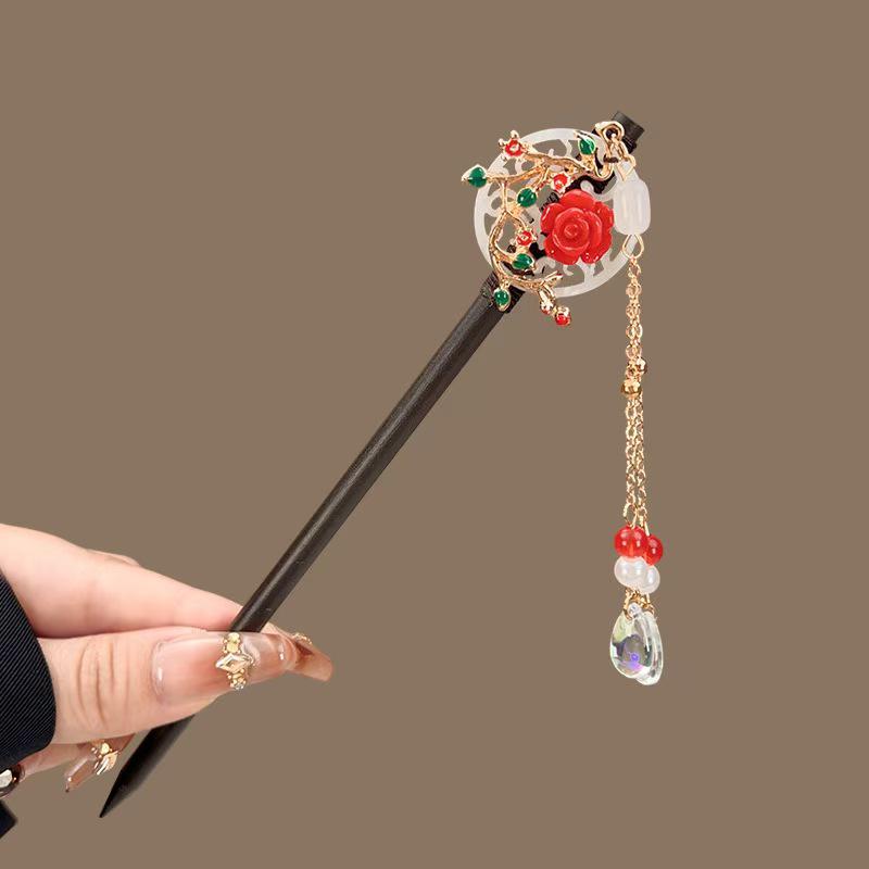 Elegant Red Rose Tassel Hairpin - U-shaped Hair Accessory for Women, Perfect for Updos and Traditional Attire.