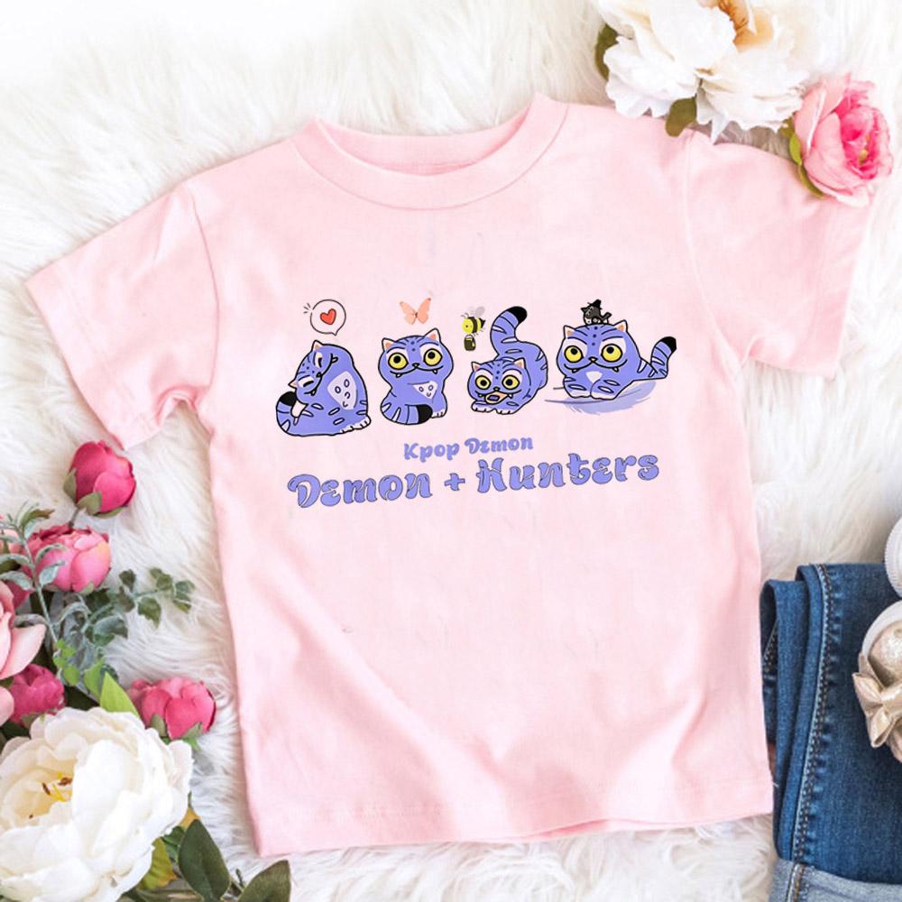 Summer Pure Cotton KPop Demon Hunters TShirt Kids Cartoon Anime Meme Print Clothes Round Neck Basic Boys Tops Casual Shirts