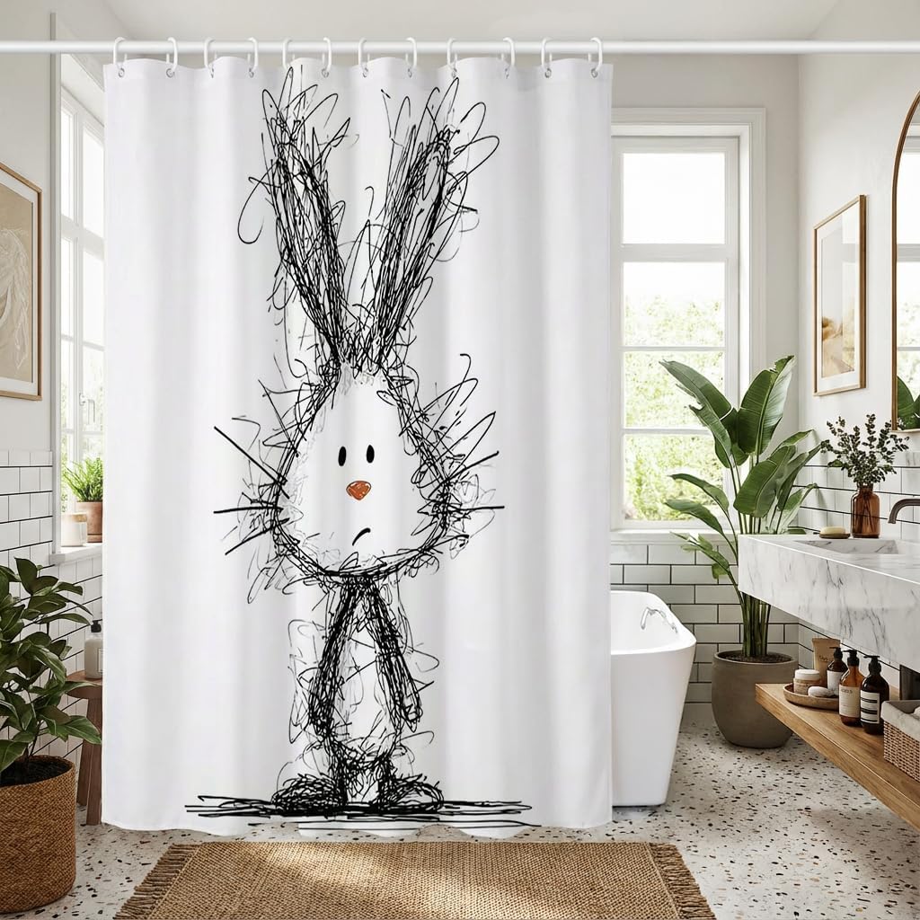 

Funny Doodle Bunny Shower Curtain – Whimsical Hand-Drawn Cartoon, Unique Bathroom Decor 12Pcs Hooks 71X71Inch W60H190(CM)-1 Pcs