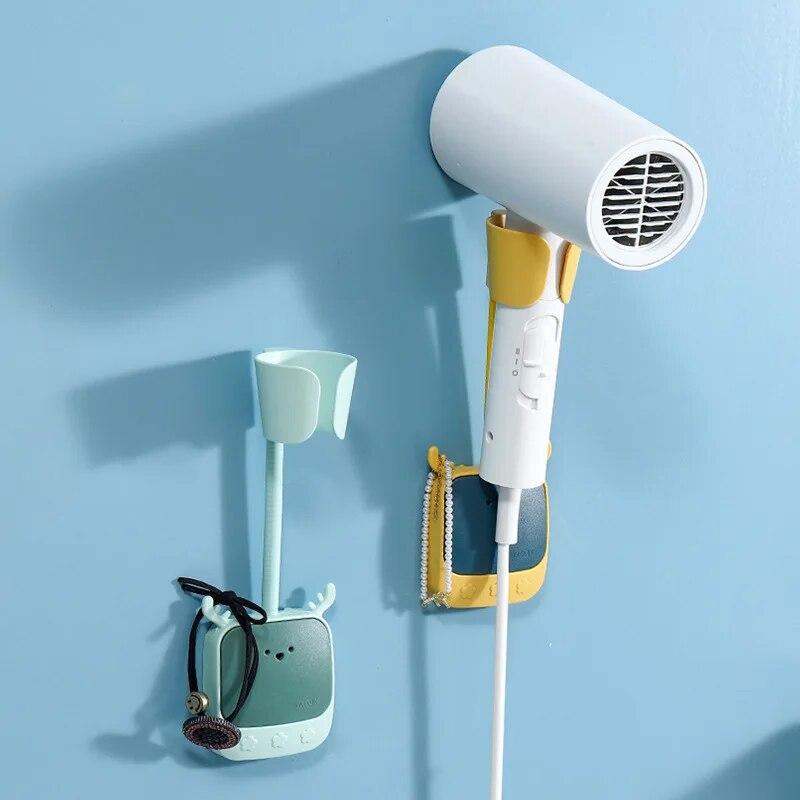 Hair Dryer Holder Adjustable Self-Adhesive Hair Dryer Shelf Wall Mount Bathroom Universal Stand Cute Cartoon Storage Rack