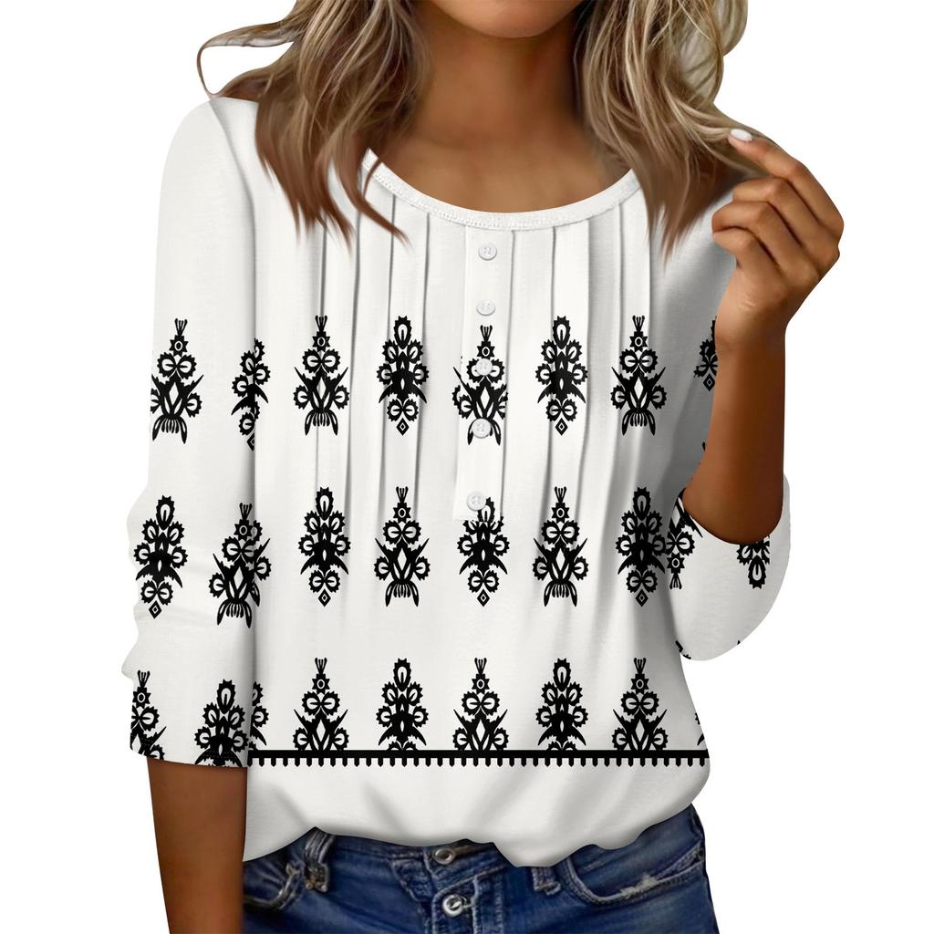 Women's Round Neck Pull Stripe Decorative Button Top Casual Solid Color 3/4 Sleeve T Shirt