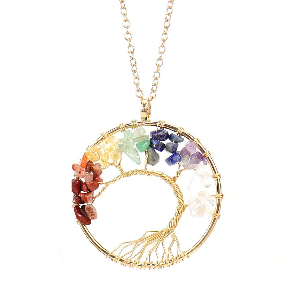 Gold Wire-Wrapped Tree of Life Necklace with Natural Crystal Crushed Stone