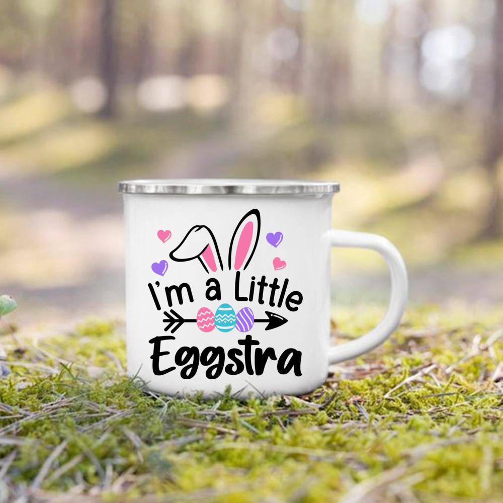 Cute Bunny Egg Print Cups Happy Easter Enamel Mugs Fall Easter Party Wine Juice Mug Dessert Cocoa Milk Handle Cup Gift for Child