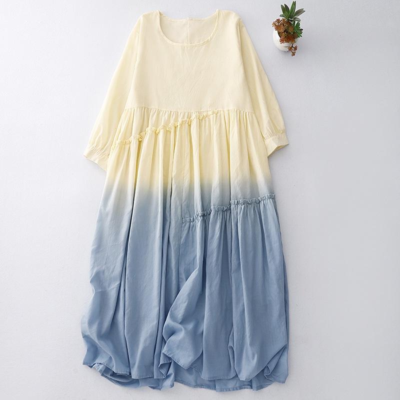 

2025 spring new high-grade gradual change contrasting color fresh and simple double-layer dress women s long-sleeved round neck temperament long dress 2XL