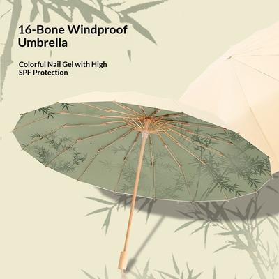 Bamboo Design 16-Rib Folding Umbrella - Large Windproof Sun Rain Parasol with UV Protection