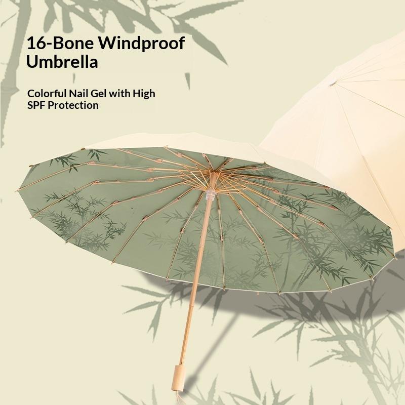 Bamboo Design 16-Rib Folding Umbrella - Large Windproof Sun Rain Parasol with UV Protection
