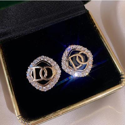 New Popular 14K Real Gold Plated Round Letter Earrings For Women Girl Aaa Zircon Jewelry Needle Stud Party Fine Gift