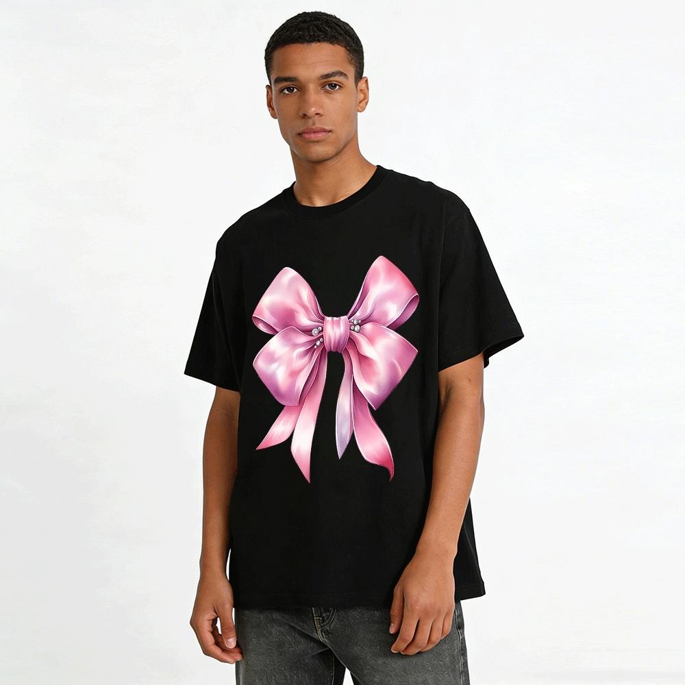 Pearl Decor Pink Satin Bow Print Sweet Casual Top Pure Cotton T-shirt