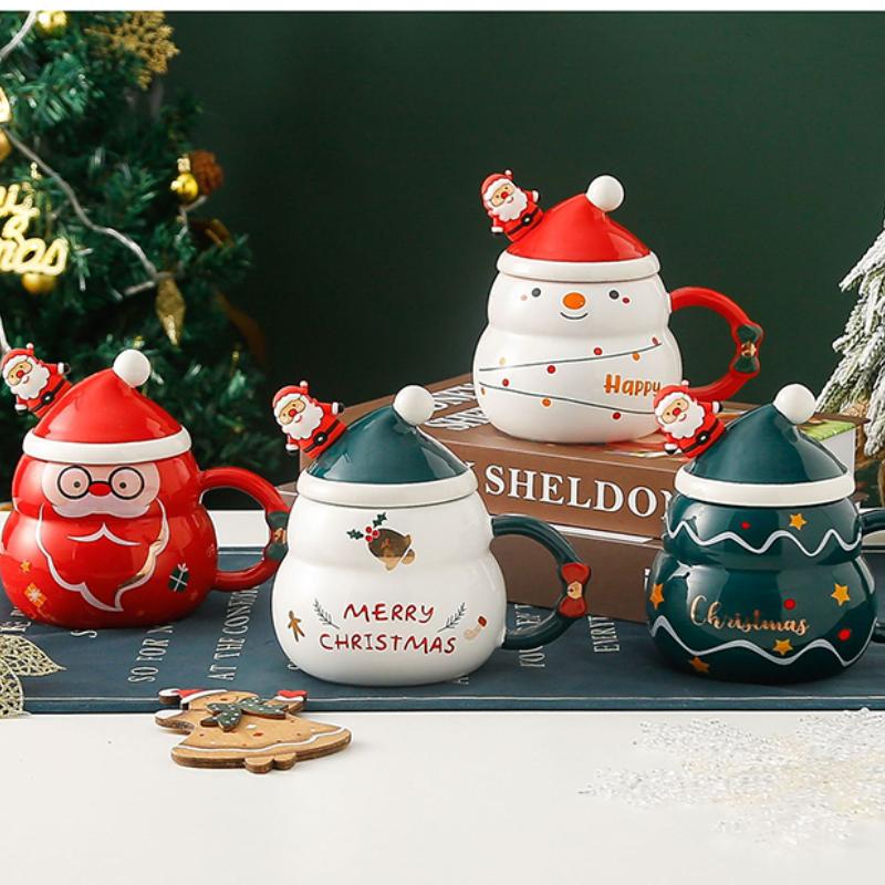 Vánoční hrnek s lžičkou, dárková sada, vánoční stromeček, keramický hrnek na kávu a mléko, vánoční dekorace na pití, párty
