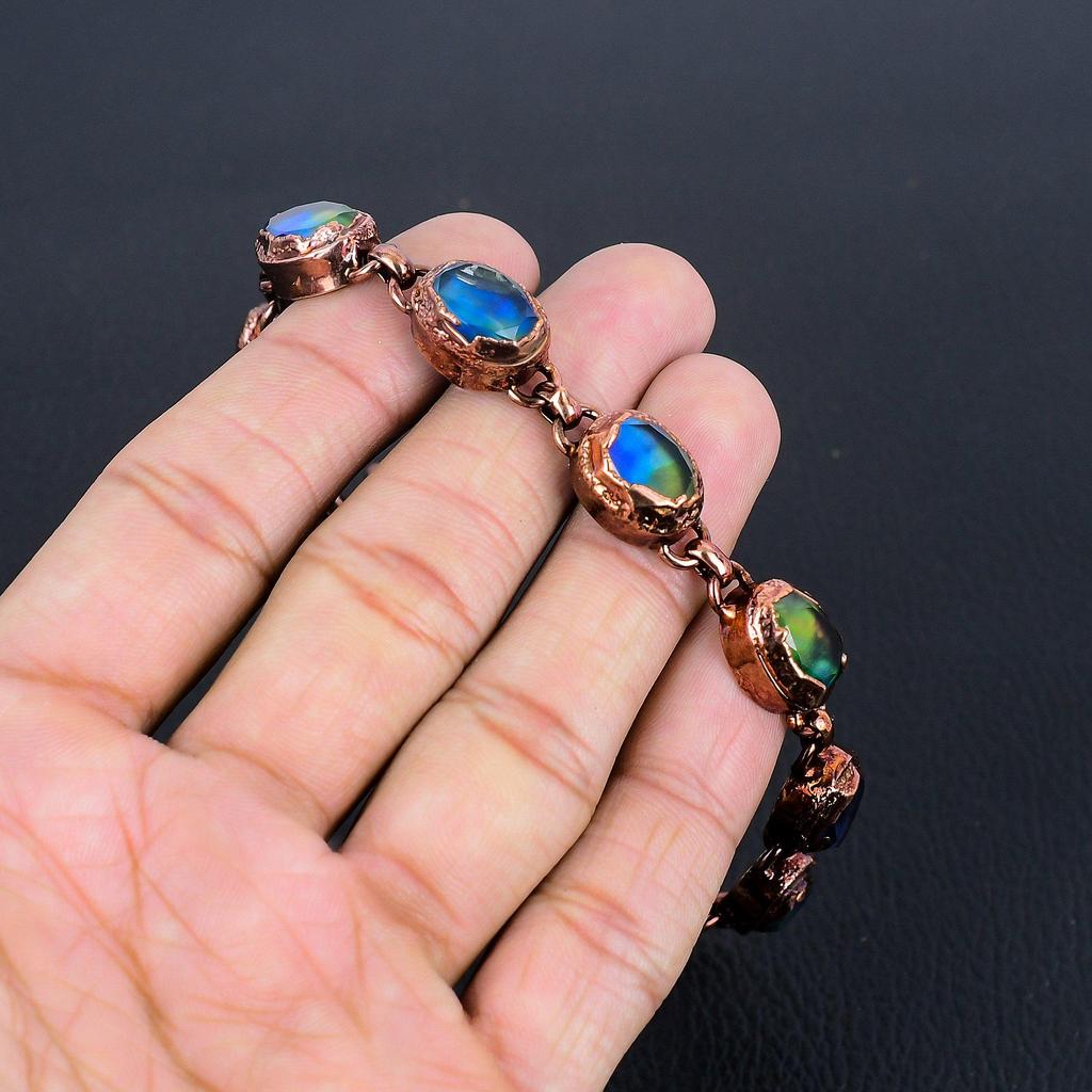 Ammolite Bracelet Gemstone Jewelry, Copper Electroformed Silver Bracelet, Adjustable Handmade Chain Bracelet Gift For Wife Jewelry