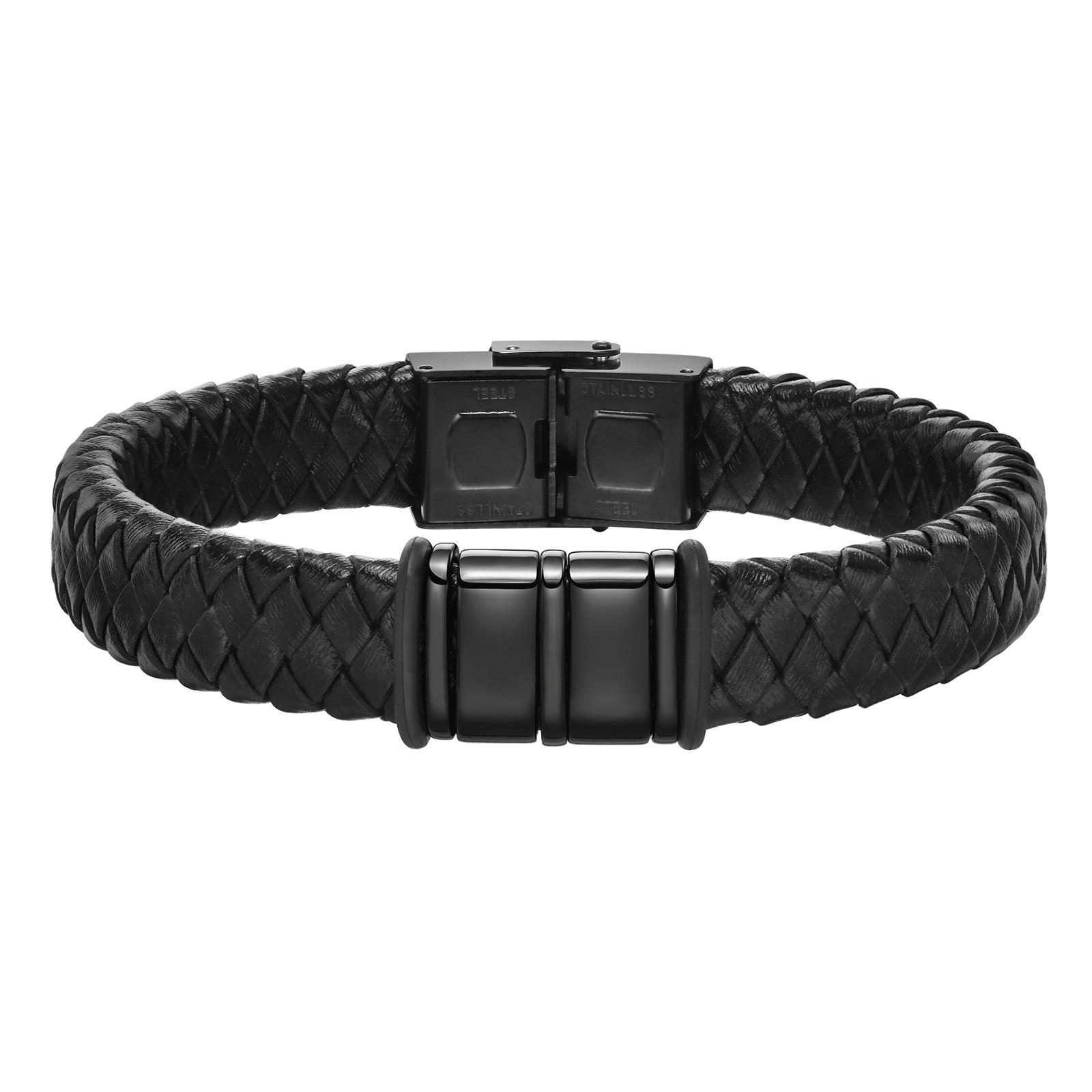 

Custom Beaded Braided Bracelets For Men Leather Stainless Steel Black Silver Color Personalized Bangle Name Family Member Gift