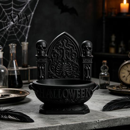 Gothic Skull Candy Bowl Halloween Cathedral Bowl, 3D Printed Spooky Dark Storage Matte Black Desk Organizer Dish, Desktop Snack Serving Tray for Home
