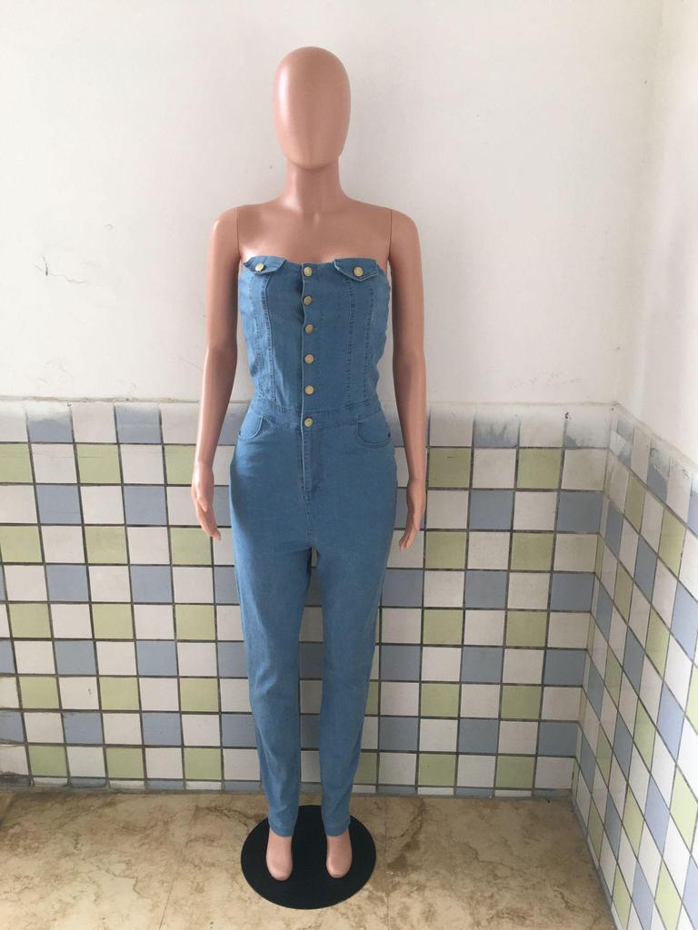 European American Strapless Slim Fit Denim Jumpsuit for Women