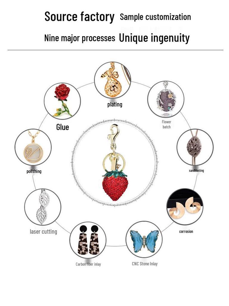European & American Diamond Strawberry Pendant Metal Keychain