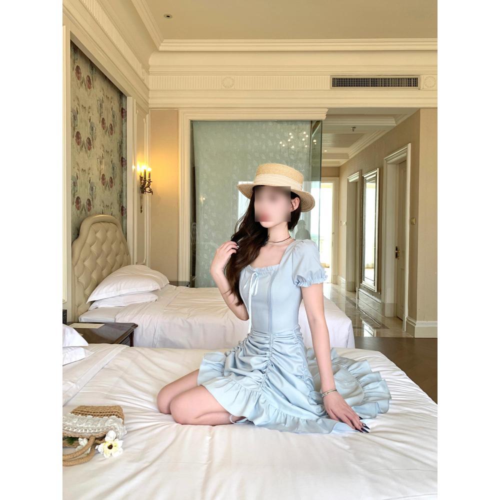 

Красный квадратный воротник, носите больше однотонных длинных платьев, платья облегают талию и стройнят, платья-торты, летний темперамент - непринужденный XL- (recommended 110-60kg) синий