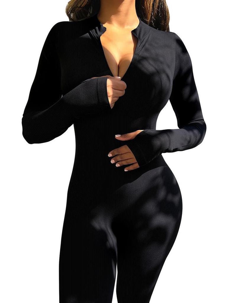 Women's Ribbed Elastic Slim-fit Long Sleeve Sport Yoga Jumpsuit with Invisible Zipper