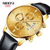 NIBOSI Men's Watch Black Leather Strap Chronograph Waterproof Brand Analog Business Wristwatch Stylish Casual Big Face Gentleman Luxury Gift Gold