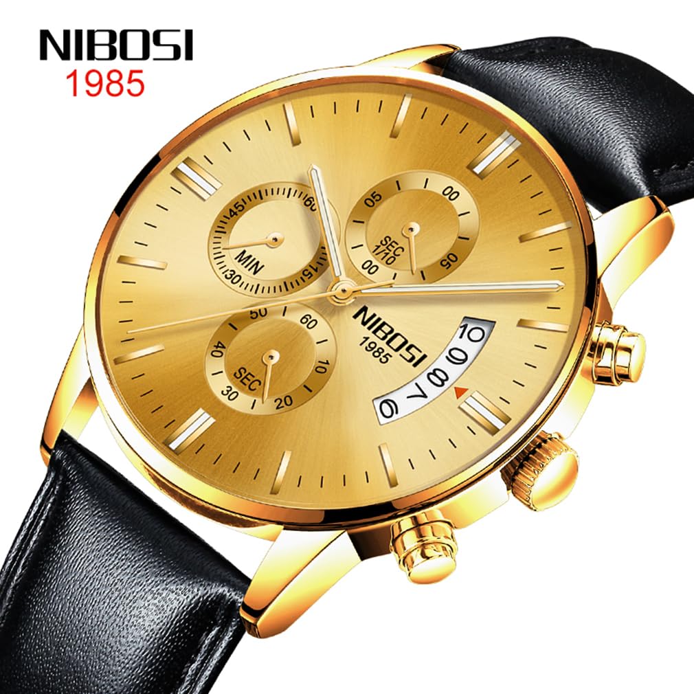 NIBOSI Men's Watch Black Leather Strap Chronograph Waterproof Brand Analog Business Wristwatch Stylish Casual Big Face Gentleman Luxury Gift Gold