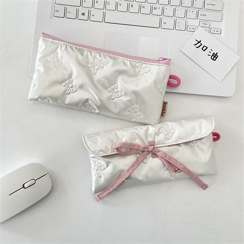 Sweet Quilted Bow Love Flap Pencil Case Organizer Coin Purse  Girly Cosmetic Bag Women Portable Sundries Storage Bag Gift