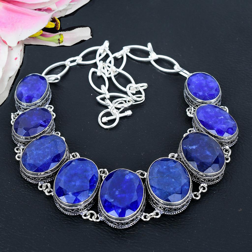 Blue Jade Gemstone Handmade 925 Sterling Silver Jewelry Necklace 18" KG-1635