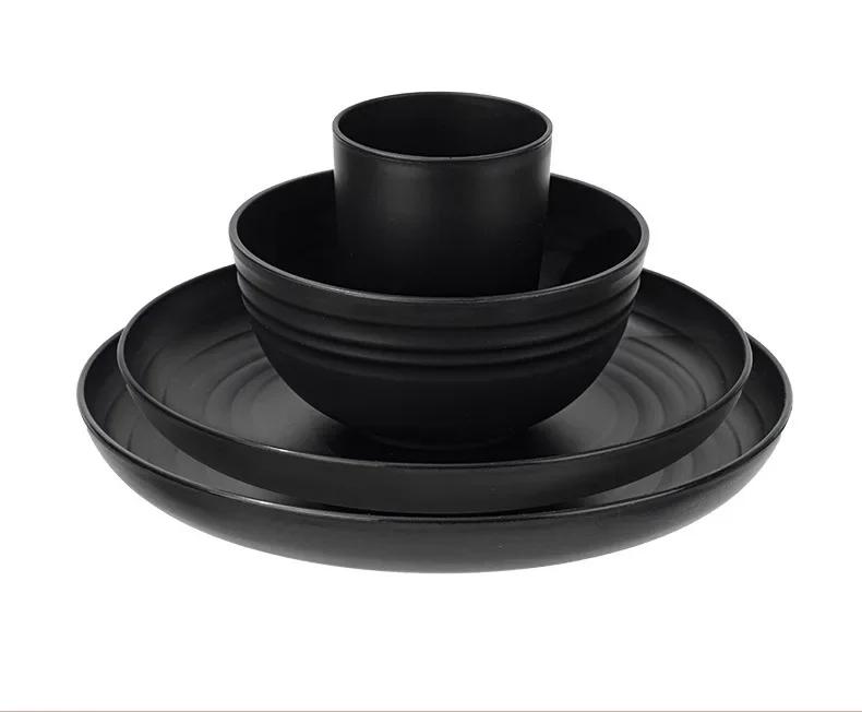 Black Wheat Straw PP Tableware, Household Plates, Soup Bowls, and Cups, Outdoor Gift Cutlery Set