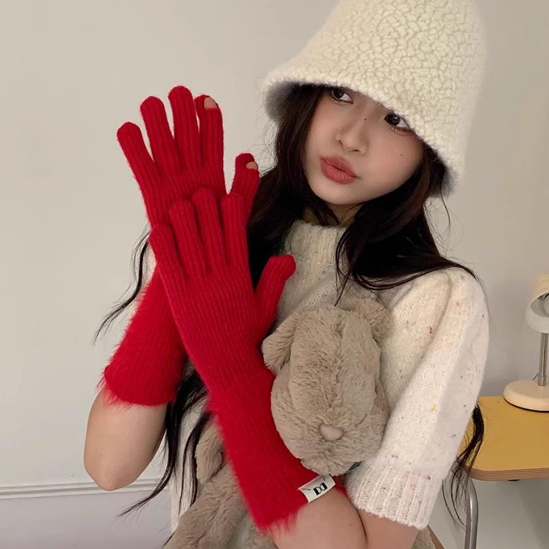 Podzimní a zimní dopaminové jednobarevné teplé pletené pětiprsté rukavice - Všestranné, roztomilé, dlouhé cyklistické návleky pro dívky