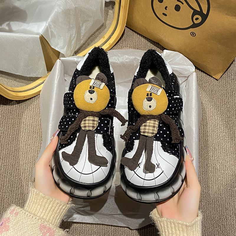 Women's fashion cartoon bear lightweight soft sole winter warm fur one snow boots velvet lined non-slip casual sports cotton boots board shoes