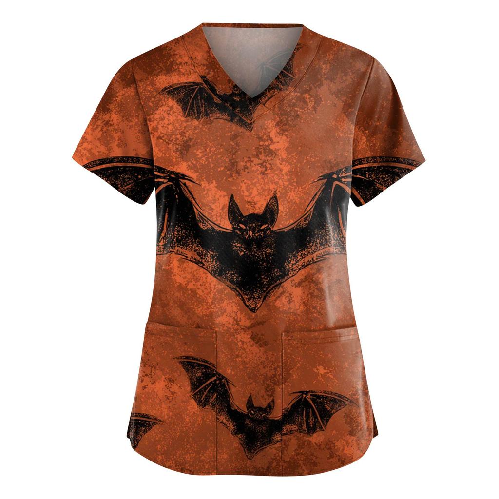 Women's Fashion V-Neck Short Sleeve Overalls With Pockets Halloween Printed Tops  Apparel