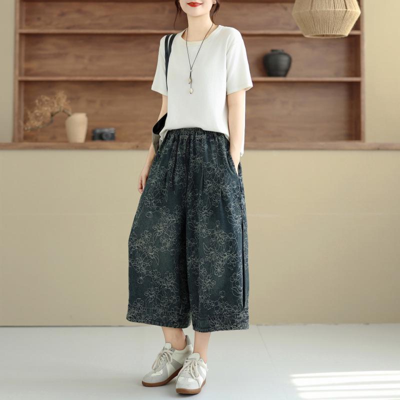 Plus Size Casual Jacquard Floral Denim Wide-Leg Pants - Summer 7-Point Soft Fit One Size