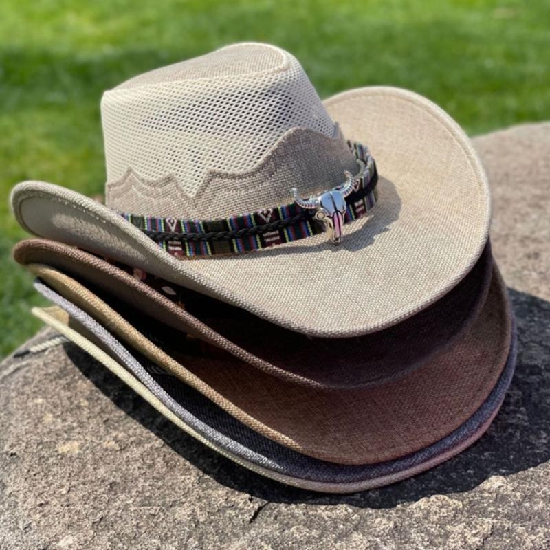 Adult Unisex Cowboy Hat for Travel Outdoor Summer Sun Hat Soft Breathable Mesh Cowgirl Hat Women Men Beach Cap Headwear