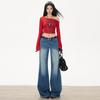 Women's Autumn Flared Jeans - Bamboo Texture, High Street, Floor-Length, Loose Fit