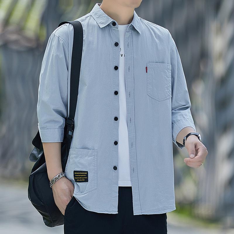 Camicia Casual da Uomo a Sette Maniche in Puro Cotone - Stile Hong Kong Primavera/Autunno Capospalla Largo