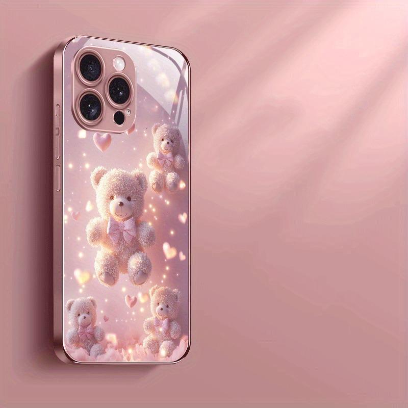 Cute Bear Heart Pattern Pink Metallic Paint Glass Hard Phone Case For iPhone 17Air 11 12 13 14 15 16 17 Pro Max Plus 16E Cover