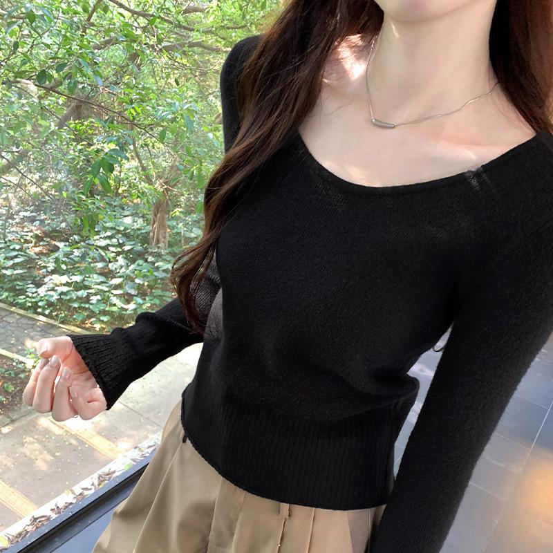 

Корейский стиль ленивый стиль U-образный вырез с длинными рукавами внутренний низ свитер для женщин осень новый высококачественный тонкий топ L