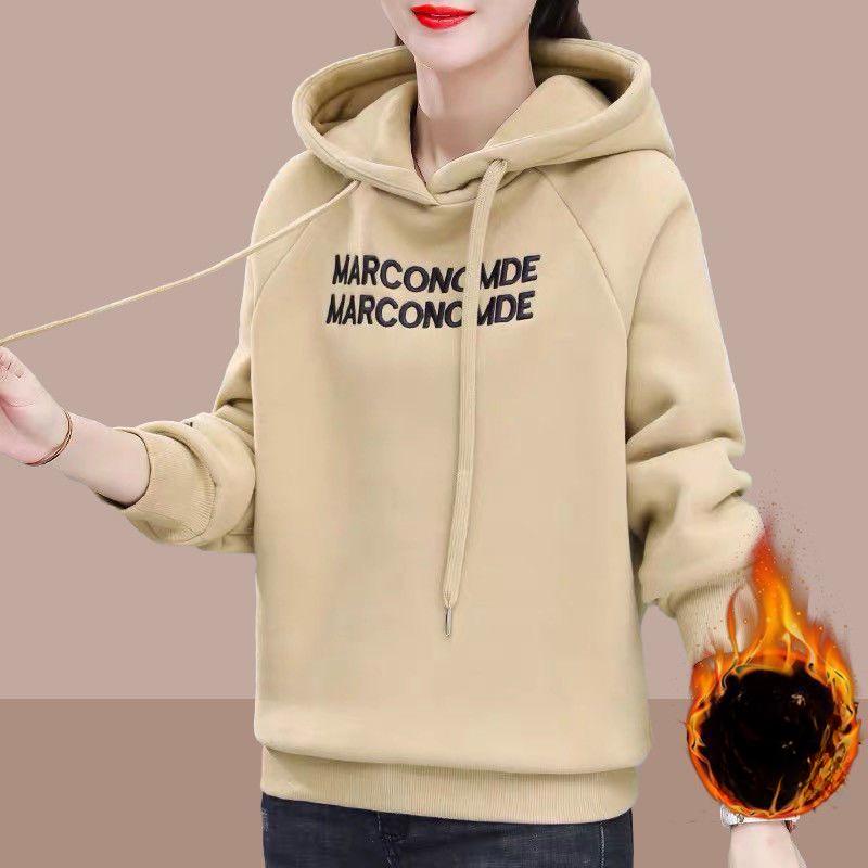 Autumn and Winter Updated Korean Version Fleece Thickened Hooded Sweater Womens Trendy Large Size Womens Coat Top Trendyable and Relaxed Fit