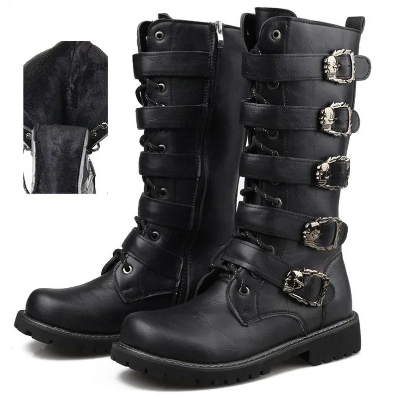 Fashion Men's Combat Boots Winter Plush Leather Motorcycle Boots Outdoor Shoes for Men Punk Platform Gothic Combat Boots High-top Shoes