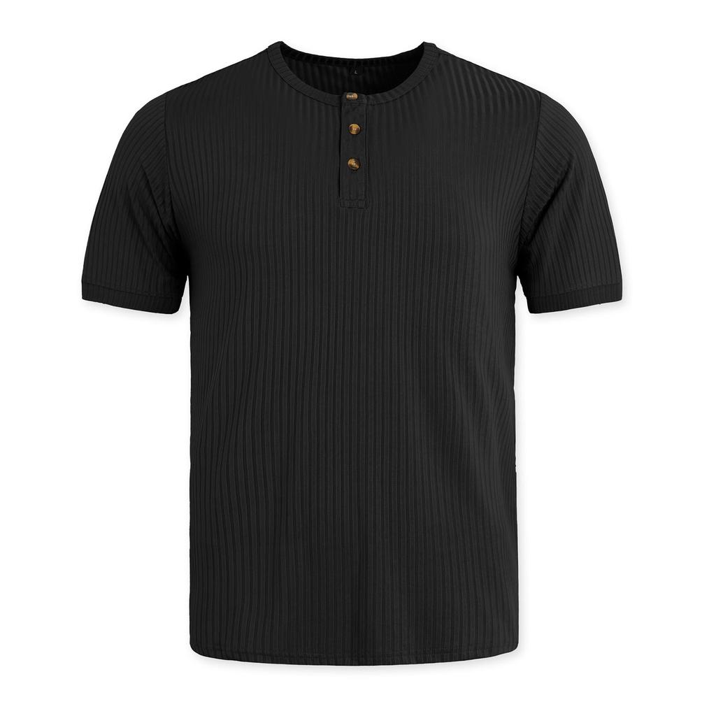 Men's Summer Short Sleeve Henley Shirt Ribbed Texture Button Front Casual Breathable Lightweight T-Shirt