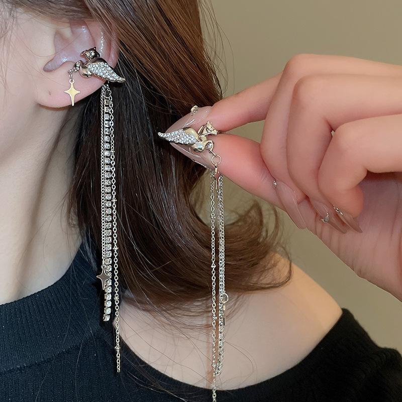 Silver Needle Star & Moon Tassel Ear Clips: Shiny Zircon, Sweet & Cool Style, Non-Pierced