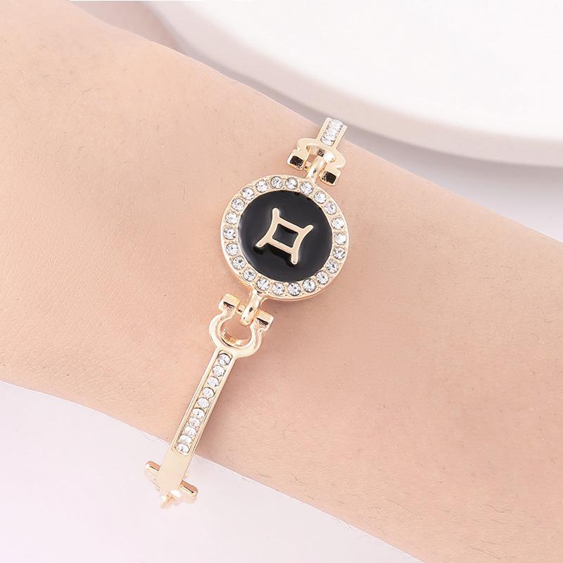 12 Zodiac Signs Bracelet for Women, Rose Gold Plated Inlaid Diamond Constellation Bangle, Fashion Couple Jewelry Gift