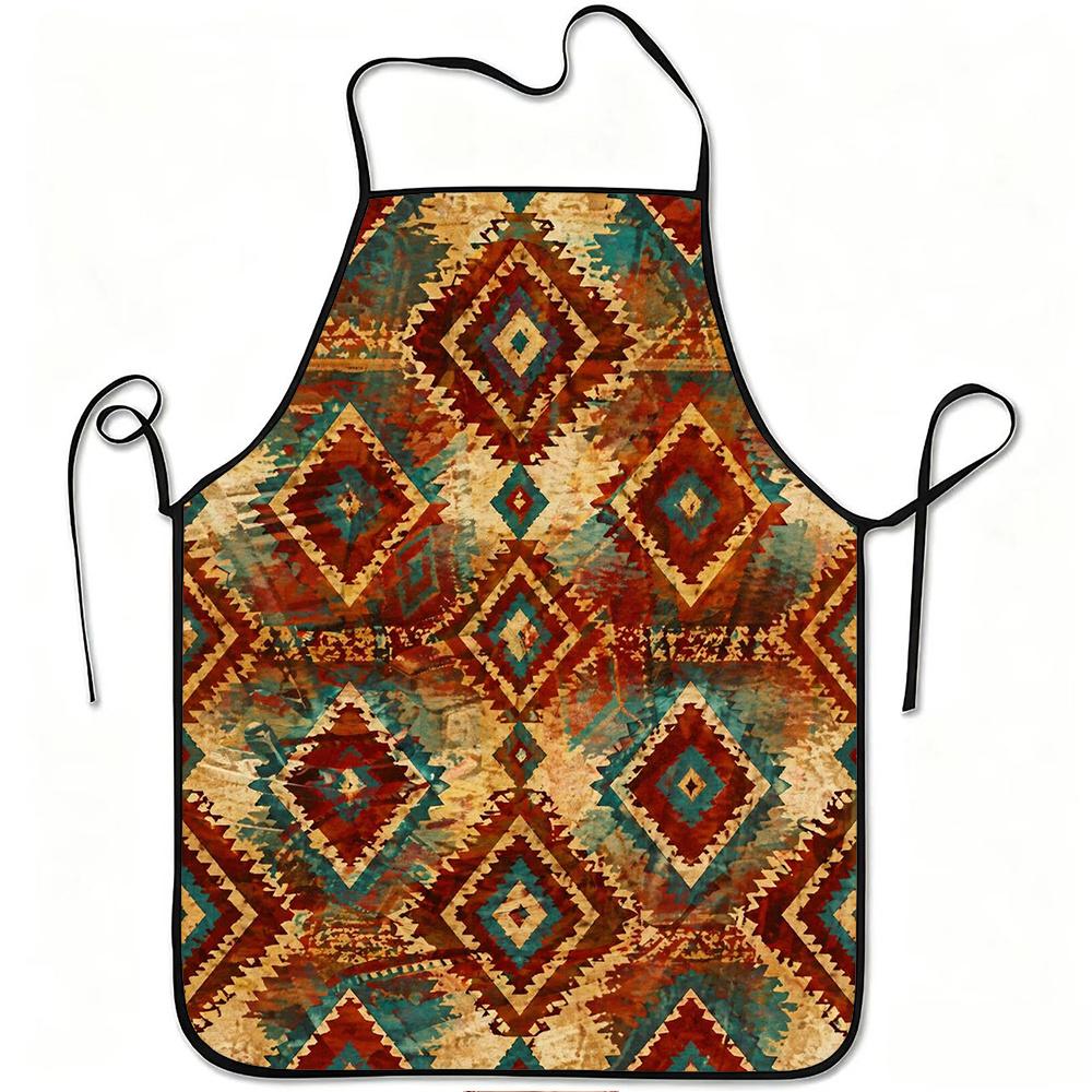 1pc Vintage Ethnic Geometric Pattern Print Apron, Durable And Easy to Clean, Adjustable Waistband, Polyester Material, for Kitchen Cooking, Gardening,