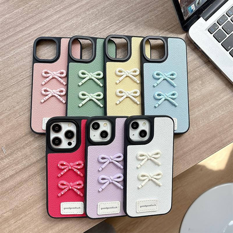For Apple 16 Leather Solid Color Mobile Phone Case Simple for IPhone15Promax Bow 17 Women's Model 14