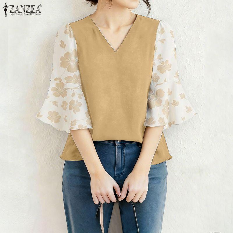 ZANZEA Women Casual V-Neck Print Splice 3/4 Sleeve Loose Blouse